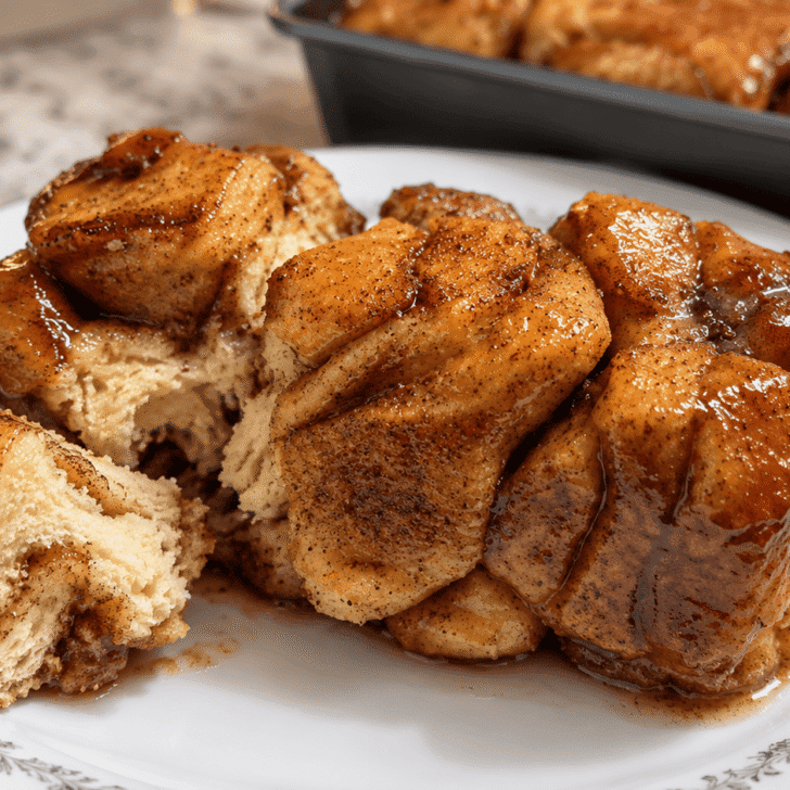 Instant Pot caramel monkey bread on a floral plate, with one piece pulled away to reveal its soft cinnamon-swirled interior.
