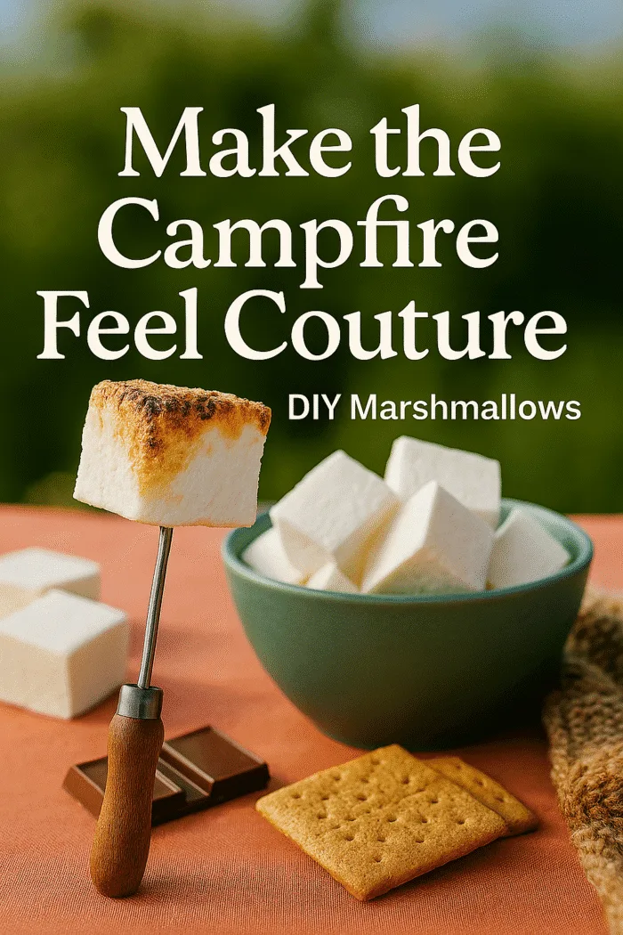 Toasted homemade marshmallow on a skewer next to a bowl of fresh marshmallows &mdash; campfire dessert idea