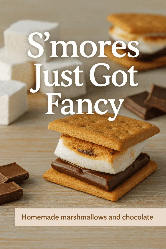 Gourmet s'more with homemade marshmallow between graham cracker and chocolate &mdash; soft, melty, and elevated