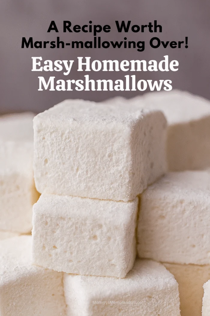 Stacked homemade marshmallows dusted with powdered sugar in a rustic bowl &mdash; soft, pillowy, and perfect for hot cocoa or gift jars