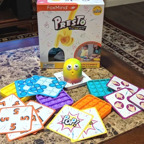 Go POP! Presto games include:  4 Go POP! Cards  A deck of Presto game cards Bubblo the Squishy bubble with the Cute Face