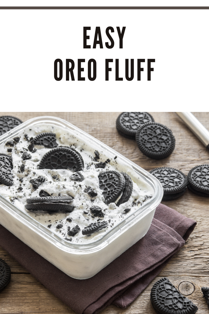 oreo fluff in container garnished with Oreos