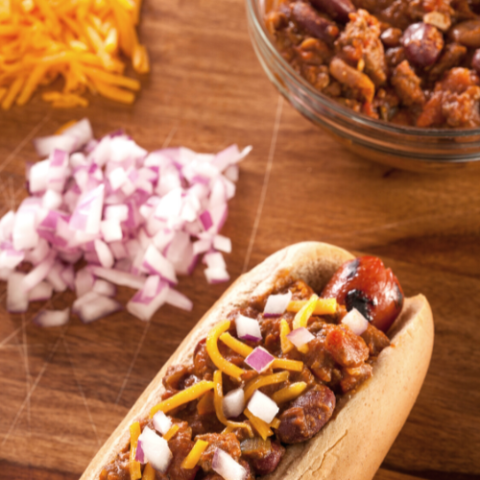 hot dog topped with savory homemade hot dog chili.