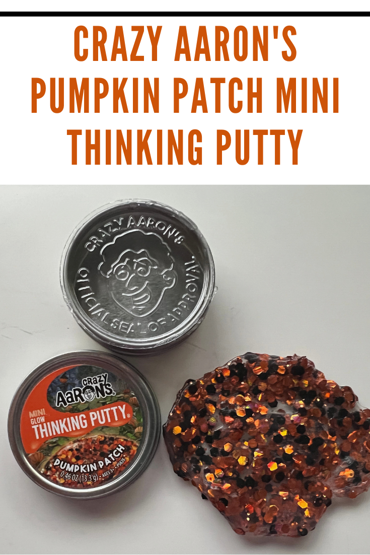 The tin of Crazy Aaron's Pumpkin Patch Thinking Putty reveals beautiful fall colors with hexagonal orange and black glitter.
