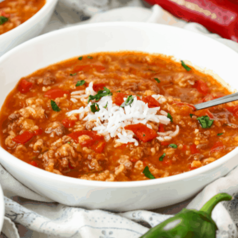 We deconstructed the traditional stuffed peppers meal and turned it into hearty, savory Instant Pot Stuffed Pepper Soup. It's comfort food!