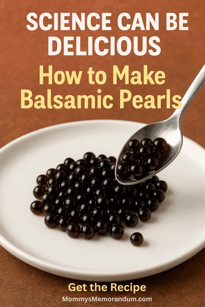 Glossy balsamic vinegar pearls spooned on to a white plate