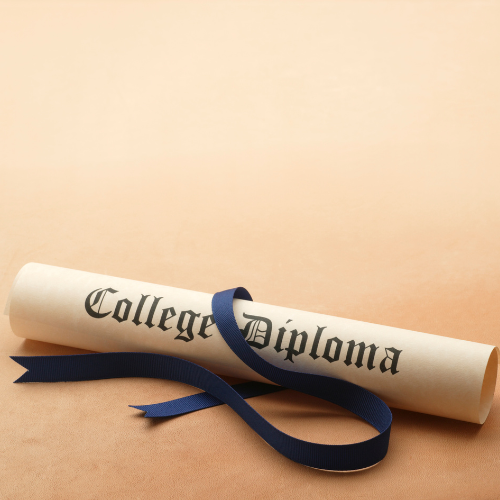 concept of college diploma with blue ribbon