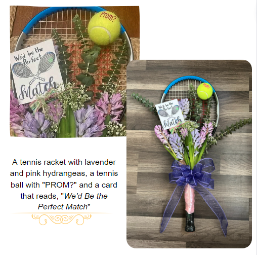 a tennis racket decorated with layers of beautiful hydrangea flowers. A tennis ball with the word "Prom?" written on it rests on the net, and  a card that reads, "We'd Be the Perfect Match."