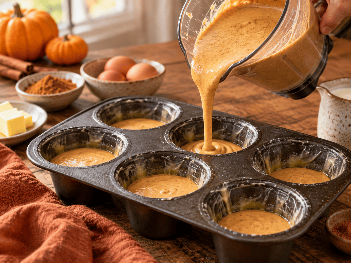 Pumpkin spice popover batter being poured into a greased six cup popover pan