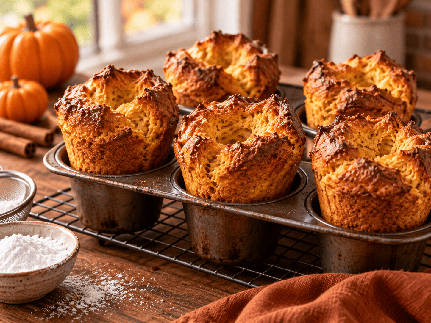 Freshly baked pumpkin spice popovers rising high in a six cup popover pan