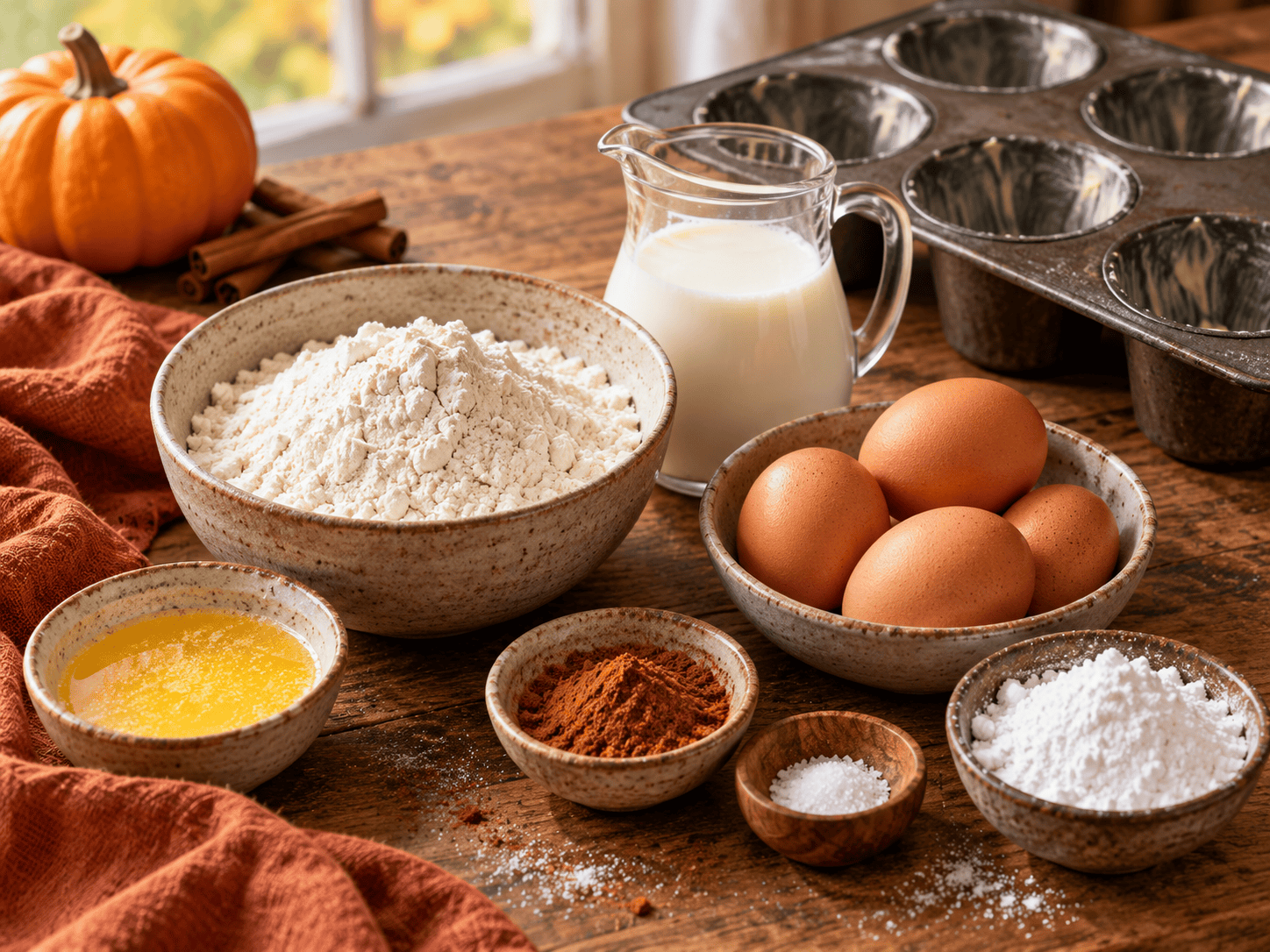 Ingredients for pumpkin spice popovers including flour, eggs, milk, melted butter, pumpkin pie spice, salt, and confectioners sugar
