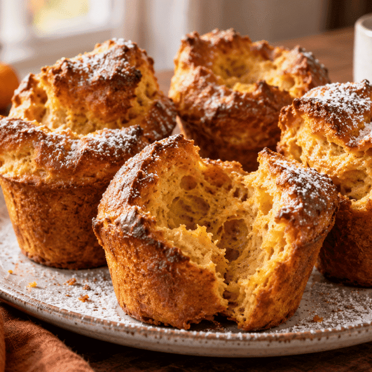Pumpkin spice popovers with crisp golden tops and airy centers served on a fall breakfast table
