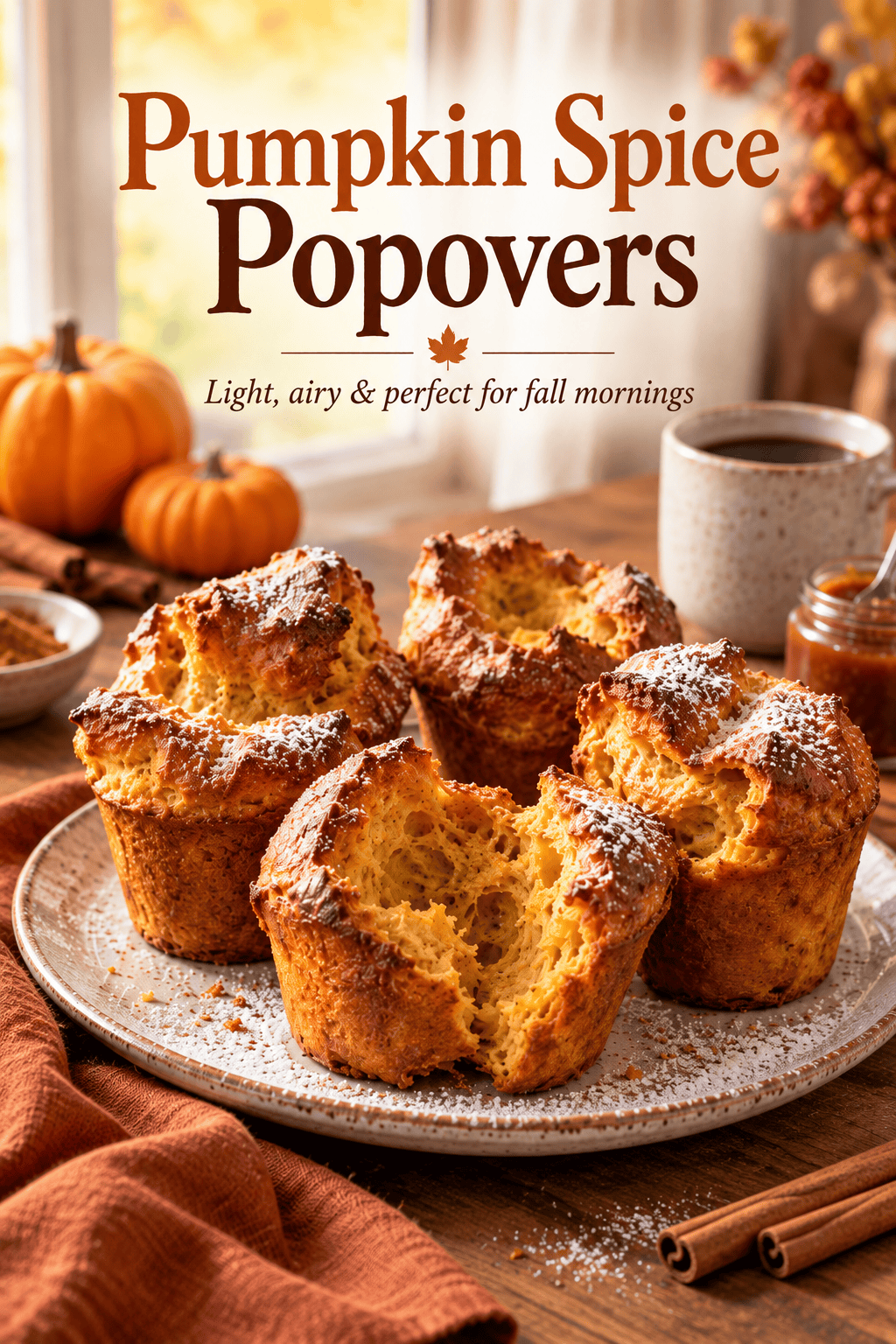 Pumpkin Spice Popovers recipe with golden airy popovers on a cozy fall breakfast table