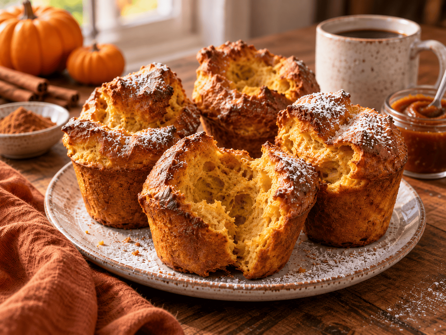 Warm pumpkin spice popovers dusted with confectioners sugar and served with coffee and apple butter