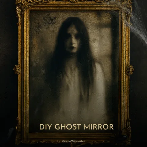 A vintage gold-framed mirror styled with cobwebs, spiders, and a ghostly silhouette printed on transparent paper. The mirror sits against a moody backdrop with flickering candles and dried roses, evoking a haunted, gothic atmosphere.