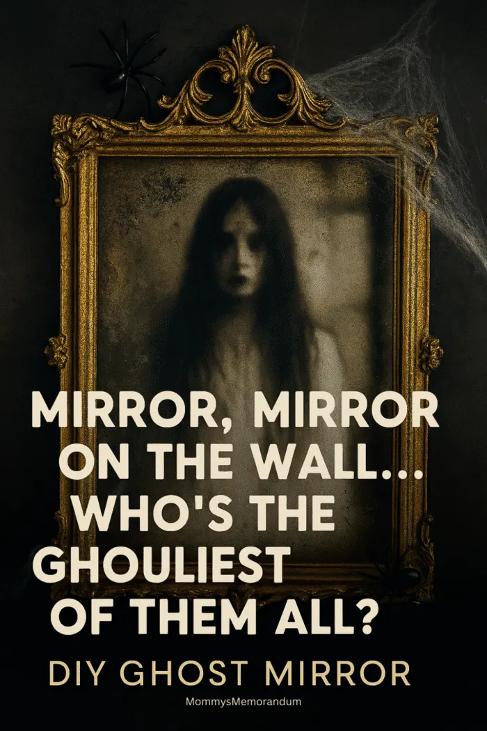 A vintage gold-framed mirror styled with cobwebs, spiders, and a ghostly silhouette printed on transparent paper. The mirror sits against a moody backdrop with flickering candles and dried roses, evoking a haunted, gothic atmosphere.