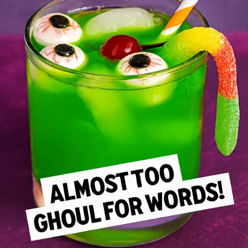 A bright green Halloween drink called Ghoul Juice, served in a clear glass with ice, gummy eyes, a maraschino cherry, a sour worm, and a candy lemon wedge. The drink is styled with a striped straw and set against a spooky purple background with playful Halloween vibes.