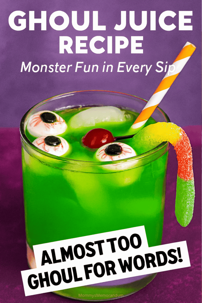 A bright green Halloween drink called Ghoul Juice, served in a clear glass with ice, gummy eyes, a maraschino cherry, a sour worm, and a candy lemon wedge. The drink is styled with a striped straw and set against a spooky purple background with playful Halloween vibes.