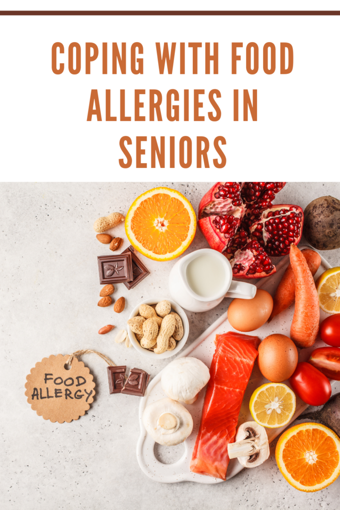 Allergy food concept. Allergies to fish, eggs, citrus fruits, chocolate, mushrooms and nuts.