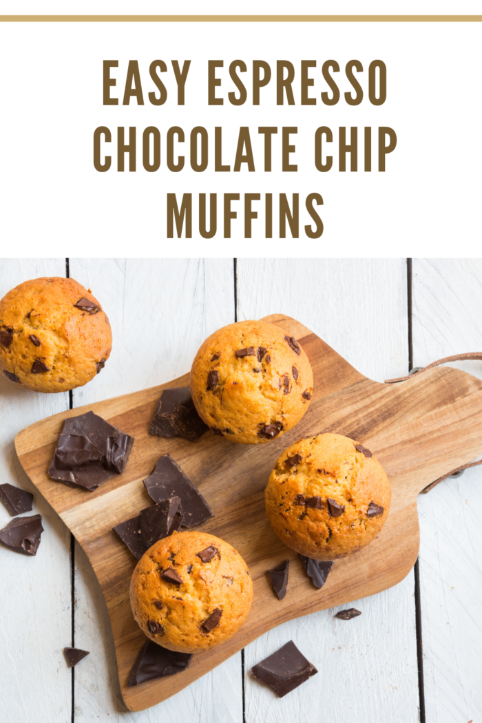 Espresso Chocolate Chip Muffins on cutting board with chocolate