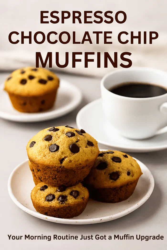 Espresso chocolate chip muffins served with a cup of coffee on a breakfast table