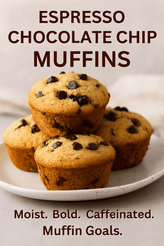 Espresso chocolate chip muffins stacked on a white plate with bold text overlay