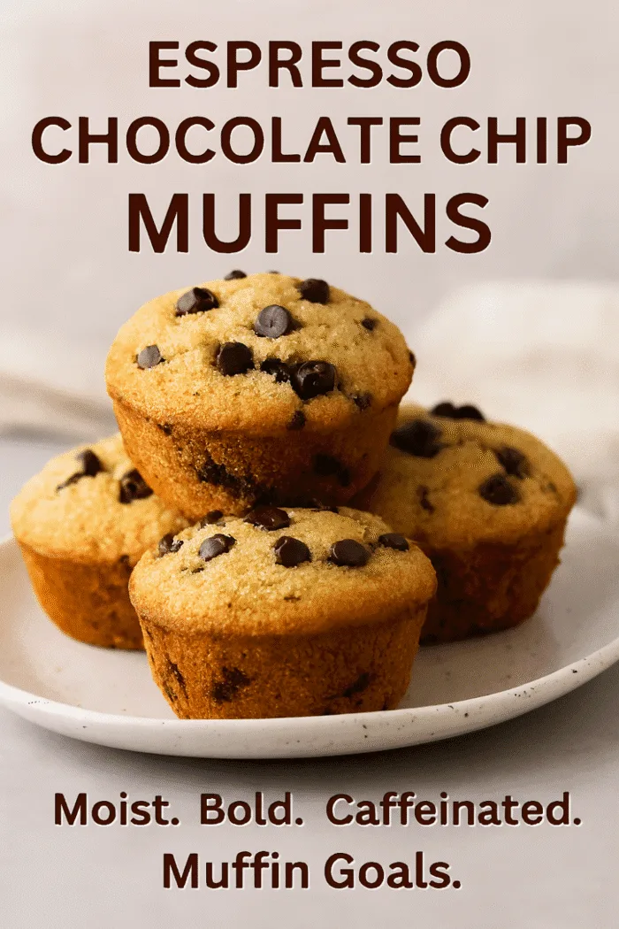 Espresso chocolate chip muffins stacked on a white plate with bold text overlay