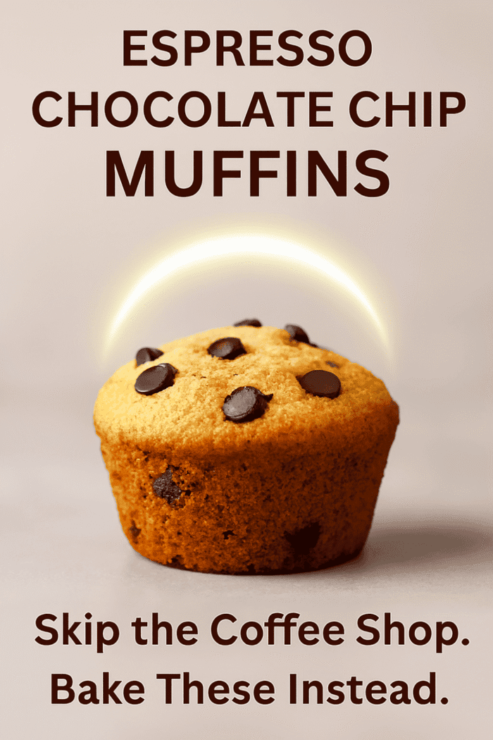 Single espresso chocolate chip muffin with glowing halo and cheeky text overlay
