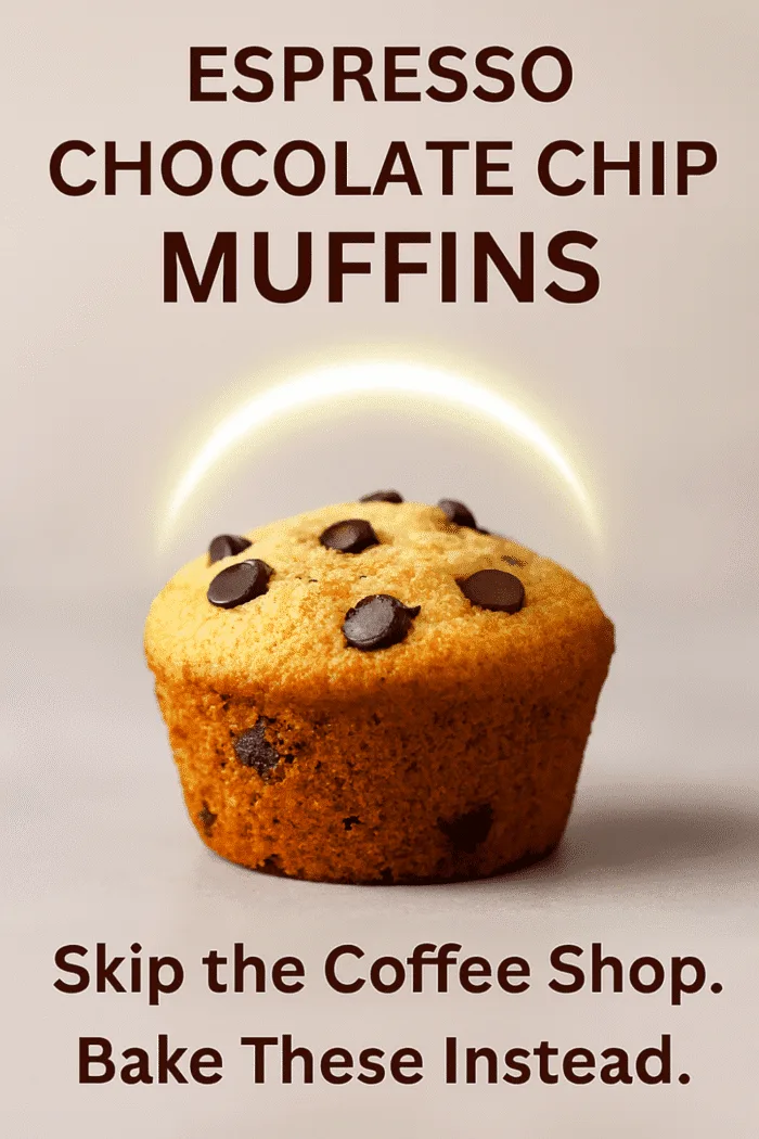 Single espresso chocolate chip muffin with glowing halo and cheeky text overlay