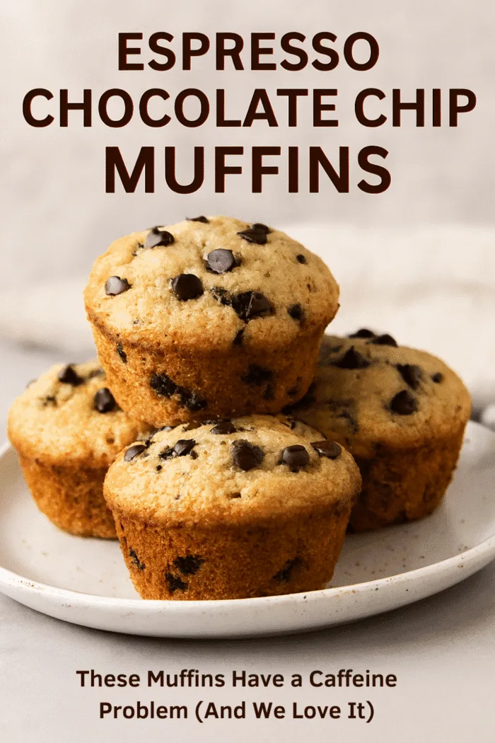 Espresso chocolate chip muffins stacked on a white plate with bold text overlay