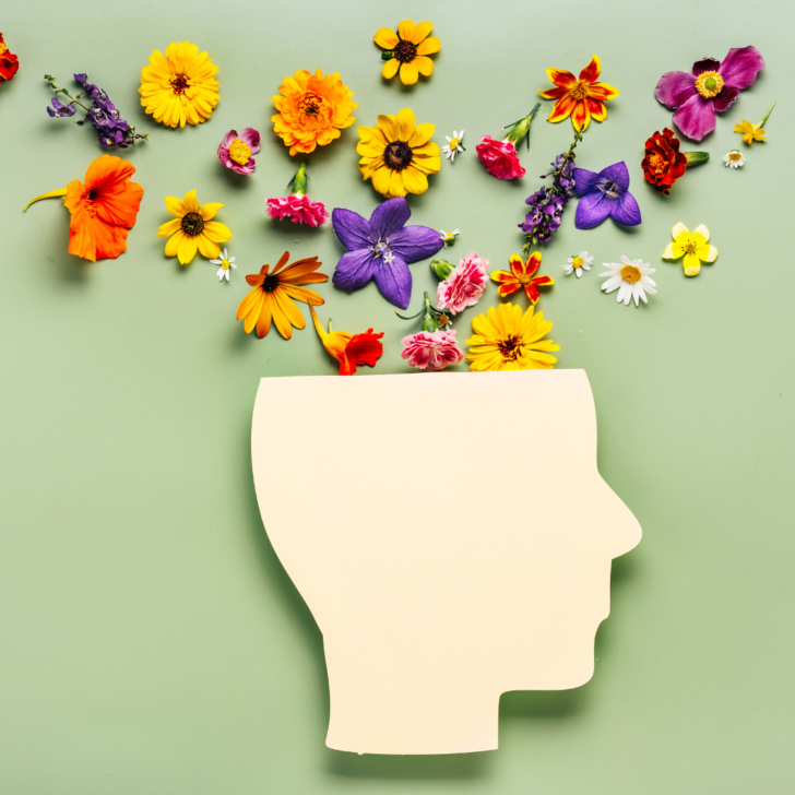mental health depicted by a blank face and flowers coming out of head