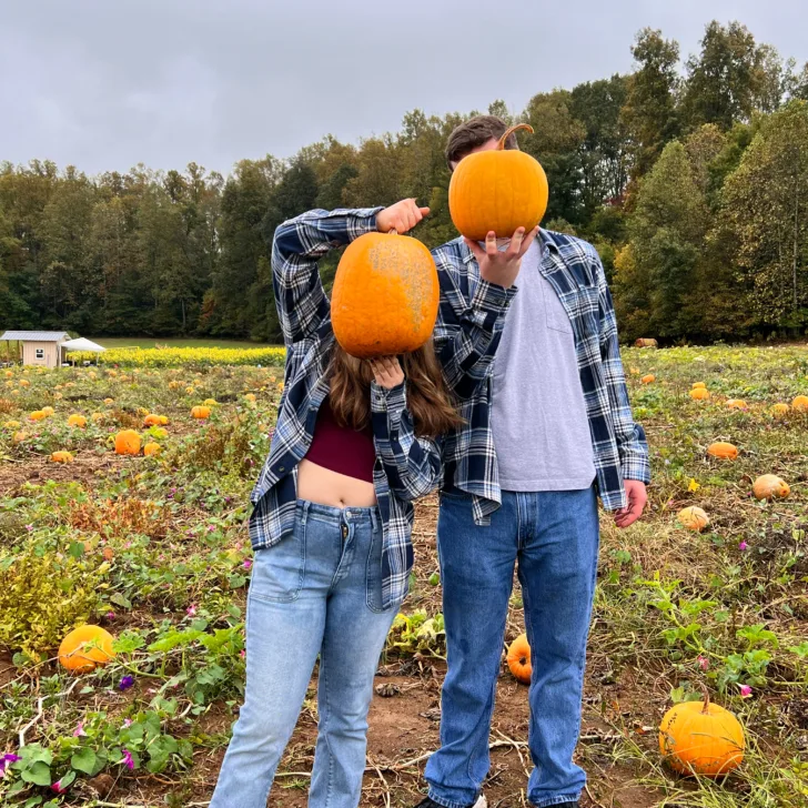 pumpkin heads in pumpkin patch