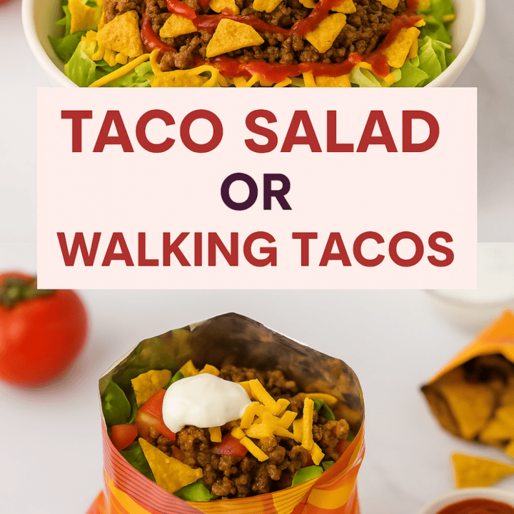 Overhead flat-lay of crunchy layered taco salad in a bowl beside handheld walking taco chip bags filled with toppings, garnished with cheese, tomatoes, and sour cream. Bright pastel background with cheeky overlay text reading: “Forks optional. Flavor mandatory.”