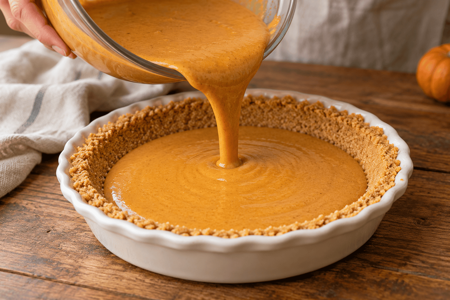 Smooth orange pumpkin pie filling poured from a glass bowl into a golden shortbread cookie crust.