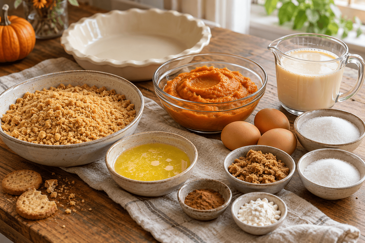 Pumpkin pie ingredients including cookie crumbs, pumpkin puree, eggs, butter, milk, sugars, spice, and gluten-free flour beside a pie dish.