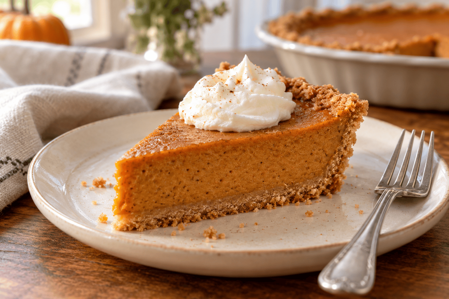 A slice of gluten-free pumpkin pie with a shortbread crumb crust and whipped cream on a cream plate beside a fork.