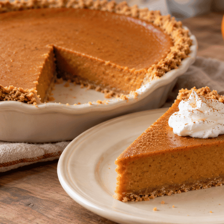 Gluten-free pumpkin pie with a golden shortbread cookie crust and a plated slice topped with whipped cream.
