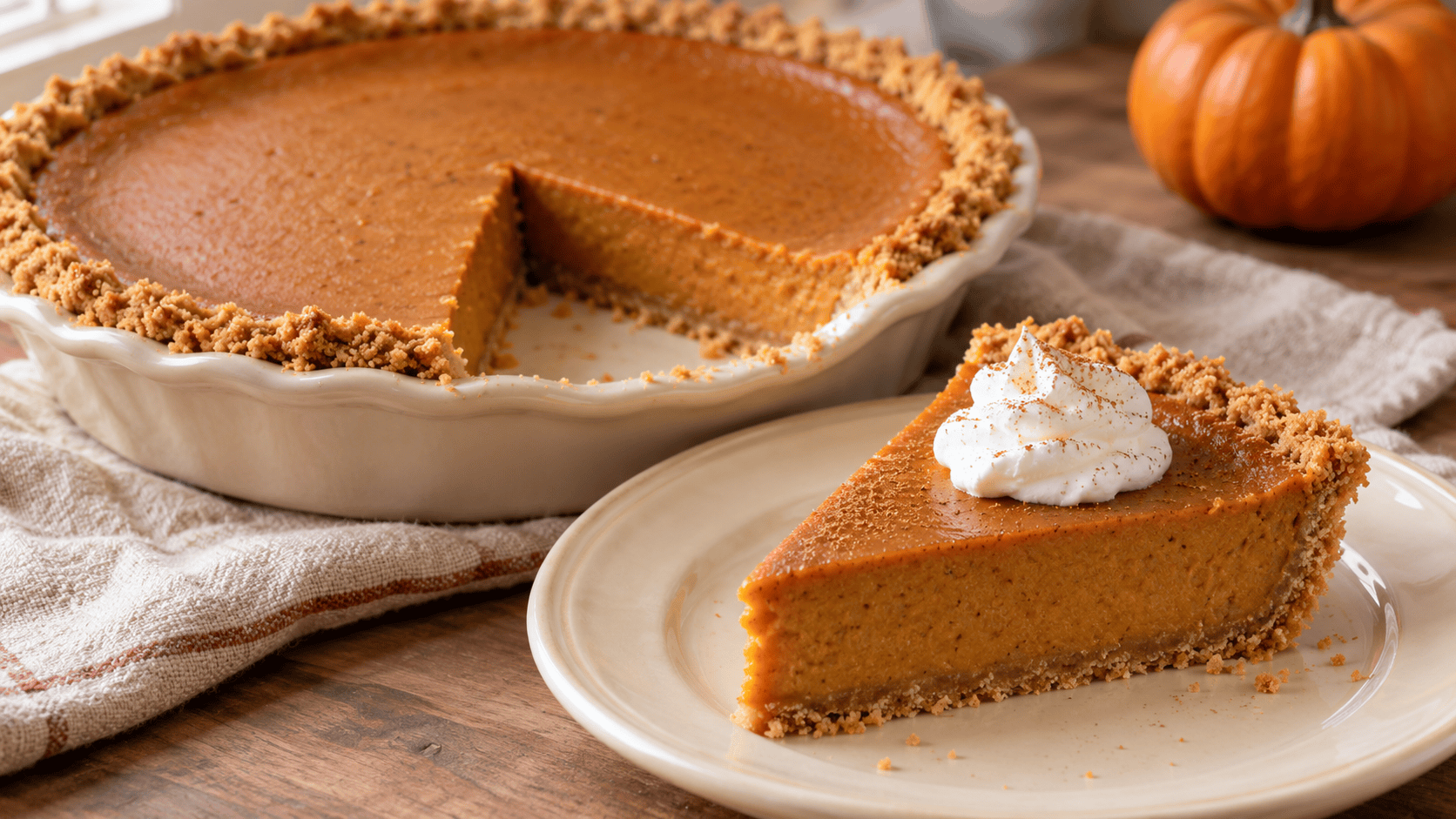 Gluten-free pumpkin pie with a golden shortbread cookie crust and a plated slice topped with whipped cream.