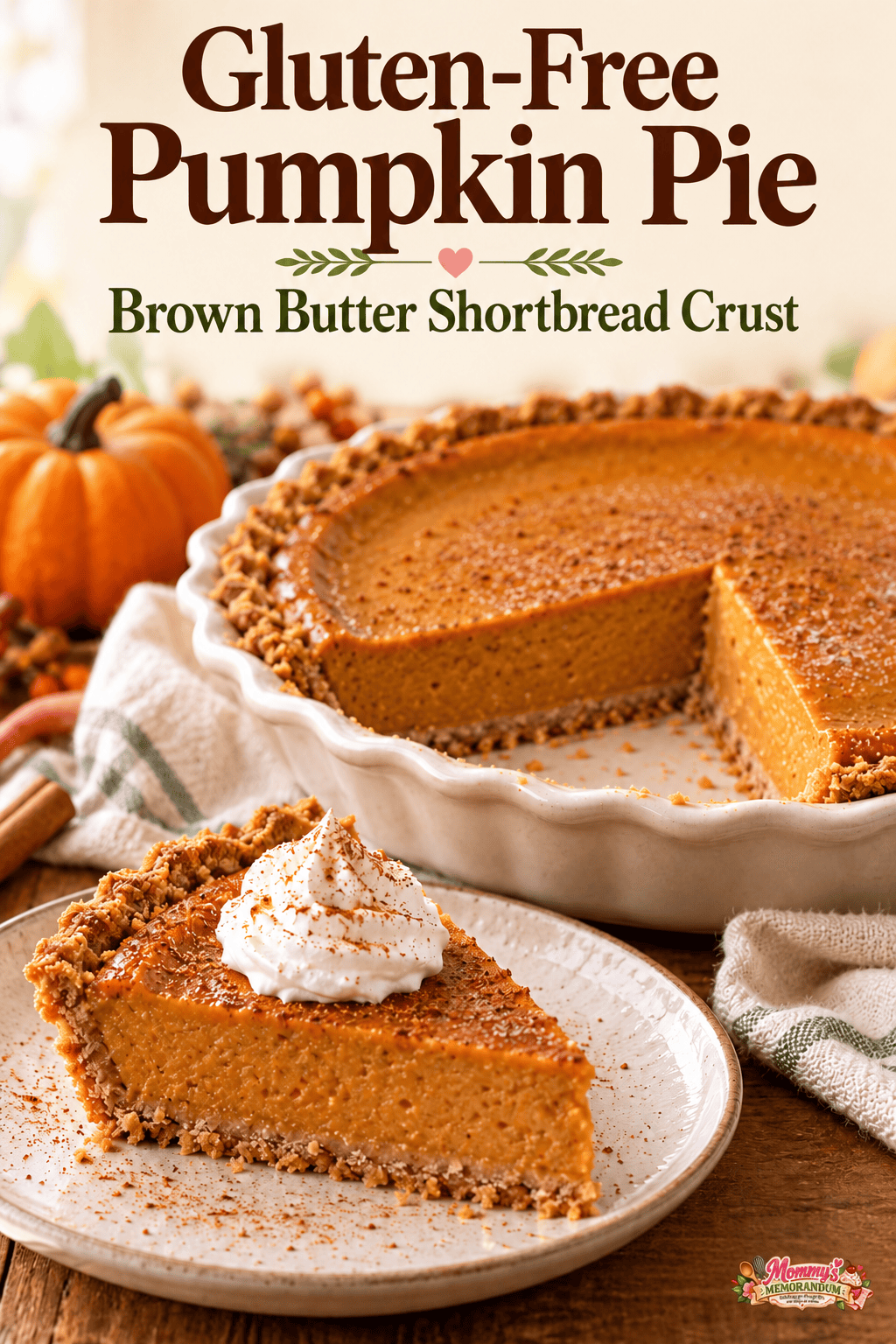Pumpkin pie and a whipped cream-topped slice with text reading “Gluten-Free Pumpkin Pie” and “Brown Butter Shortbread Crust.”