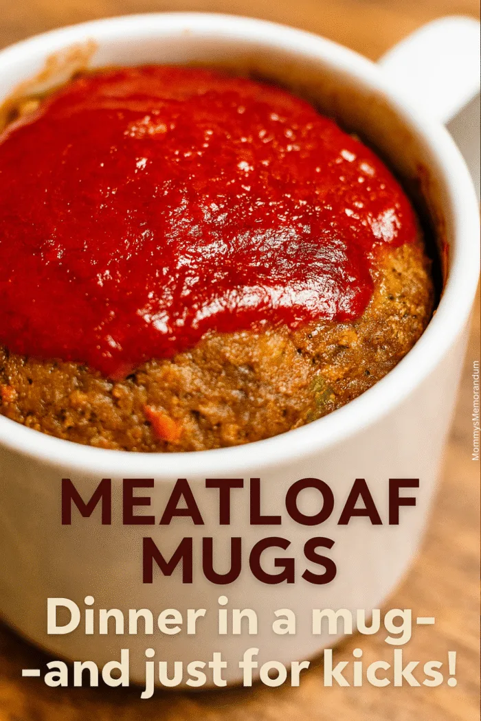 Close-up of meatloaf mug topped with ketchup, served warm in a white mug for an easy microwave meal