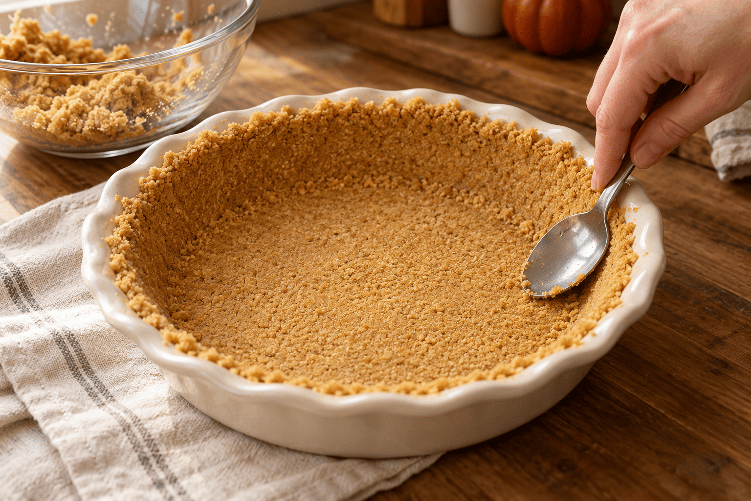 A spoon pressing golden shortbread cookie crumbs into the bottom and sides of a cream ceramic pie dish.