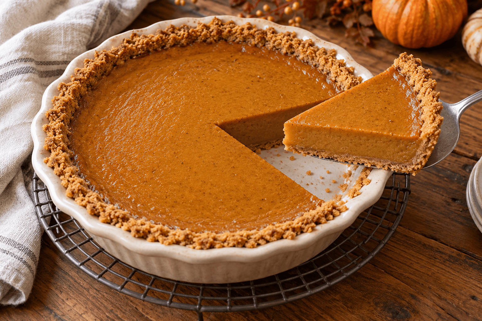 A slice of gluten-free pumpkin pie lifted on a pie server, revealing the custard filling, crumb crust, and empty wedge in the pie.