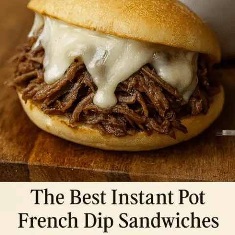 Instant Pot French Dip Sandwich piled with shredded beef and melted provolone cheese on a rustic wooden board, next to a cup of au jus dipping sauce.
