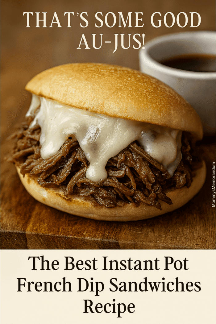 Instant Pot French Dip Sandwich on rustic board with provolone and a cup of au jus