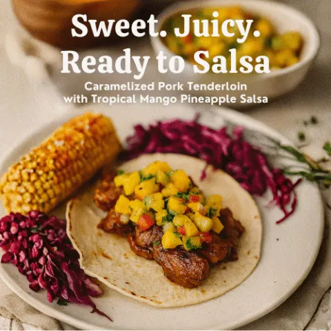 Macro-style image of a tortilla topped with caramelized pork tenderloin and tropical mango pineapple salsa, served with Mexican Street Corn and purple cabbage slaw. Bold overlay text reads &ldquo;Sweet. Juicy. Ready to Salsa. Caramelized Pork Tenderloin with Tropical Mango Pineapple Salsa&rdquo;