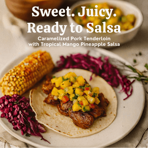 Macro-style image of a tortilla topped with caramelized pork tenderloin and tropical mango pineapple salsa, served with Mexican Street Corn and purple cabbage slaw. Bold overlay text reads “Sweet. Juicy. Ready to Salsa. Caramelized Pork Tenderloin with Tropical Mango Pineapple Salsa”