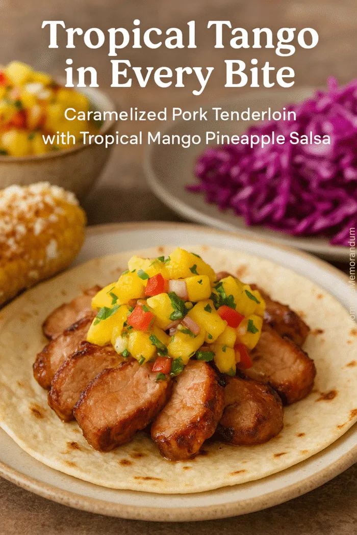 Close-up of caramelized pork tenderloin slices on a tortilla topped with mango pineapple salsa with elote and purple cabbage slaw behind