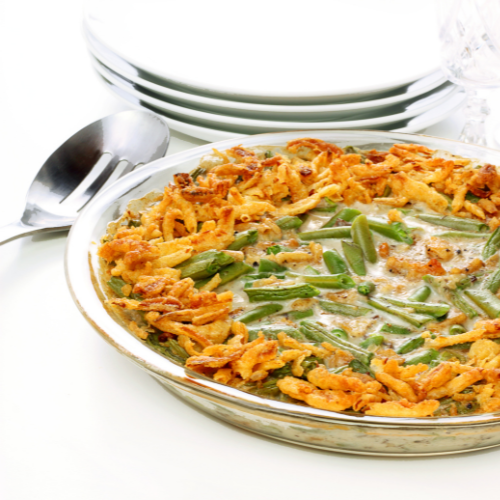 creamy green bean casserole with onion topping