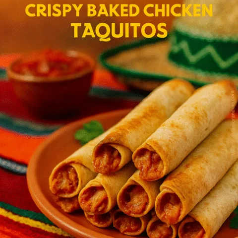 Fiesta-themed image of crispy baked chicken taquitos arranged on a terracotta plate over a colorful Mexican tablecloth, with salsa and cilantro garnish. Text overlay reads &ldquo;Ready to Roll into Your New Favorite Dinner?&rdquo; and &ldquo;Crispy Baked Chicken Taquitos&rdquo; in bold, festive colors.