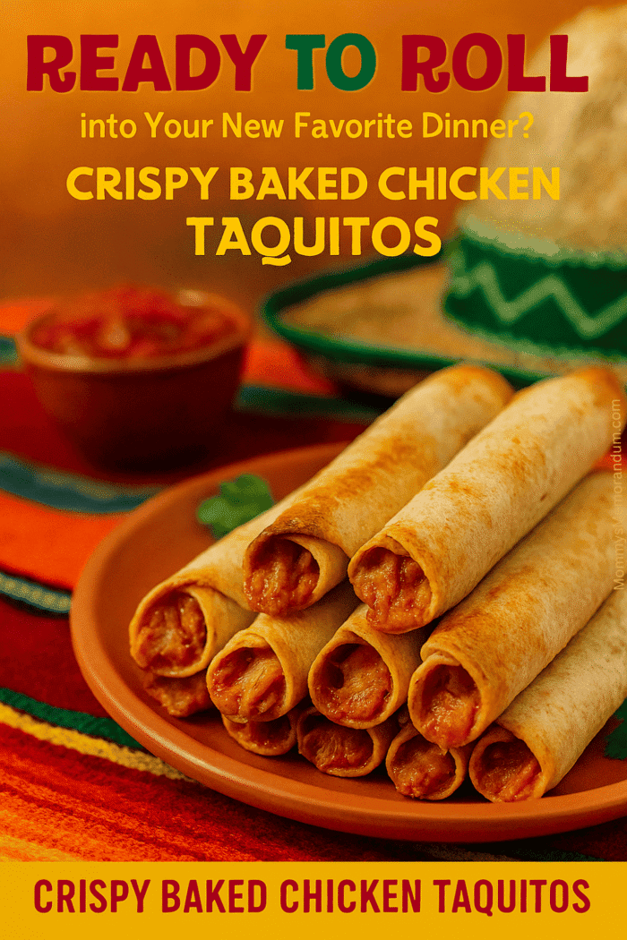 Crispy baked chicken taquitos arranged on a terracotta plate with salsa and cilantro garnish on a colorful Mexican tablecloth. Text overlay reads Ready to Roll into Your New Favorite Dinner? Crispy Baked Chicken Taquitos.